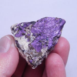 May include: A piece of raw sugilite gemstone, held in a hand. The stone features a vibrant purple hue with areas of white and gray. The sugilite has a rough, textured surface, showcasing its natural crystalline structure.