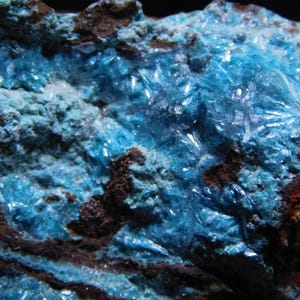 May include: A close-up of a blue and brown mineral specimen. The mineral has a rough, textured surface and is covered in small, blue crystals.