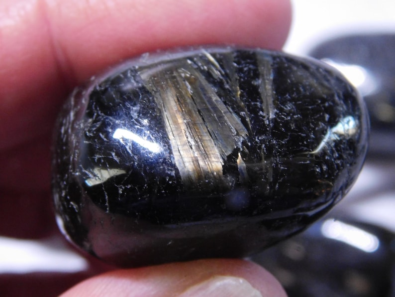 May include: A black gemstone with gold flecks, tumbled and polished into a smooth, oval shape.