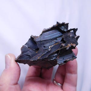 May include: A dark, jagged mineral specimen with a layered, textured appearance. The rock has a deep black color with hints of blue and brown, and is held in a hand against a white background.