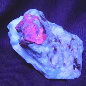 May include: A close-up of a mineral specimen featuring a light blue-white base rock with a vibrant pinkish-red mineral formation on top. The rock has a rough, textured surface, and the background is a dark blue fabric.