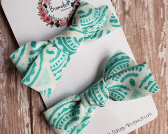 Hand-Tied Fabric Pigtail Bows--LIMITED EDITION--Green/Teal and White