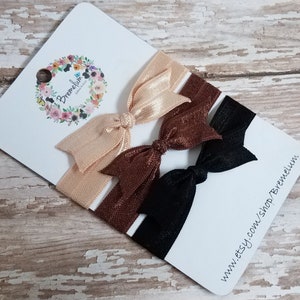 No Crease Elastic Hair Ties with Bow--Set of Three--Beige, Brown, and Black--One Size Fits All