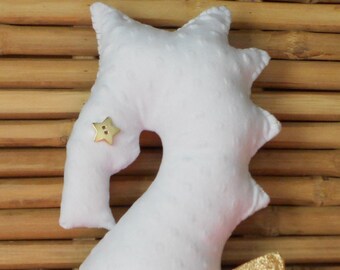 White Minky Dot Seahorse Pillow, Nautical Coastal Decor