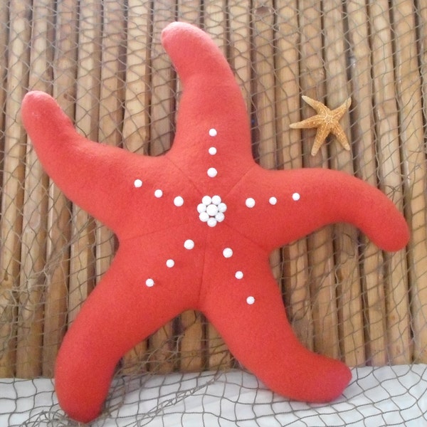 Starfish pillow, beaded starfish pillow, rust colored starfish, coastal living, beach house pillows, west coast starfish, beach pillows