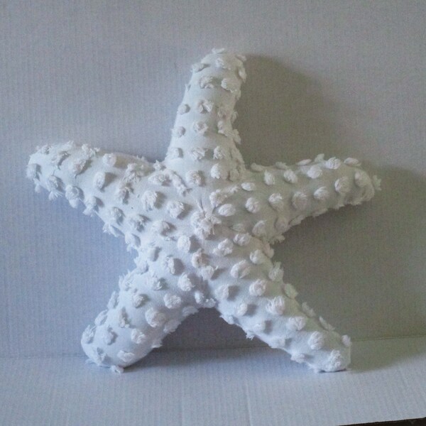 White chenille pops starfish pillow, nautical pillow, sealife, coastal living, seashore, upcycled chenille pillow, seaside decor