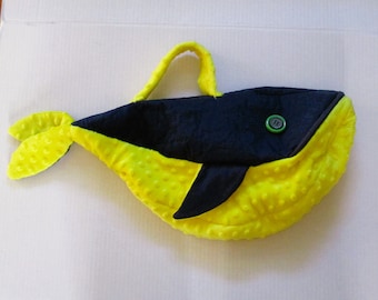 3D Whale Diaper Bag: Navy Blue Cotton & Yellow Minky