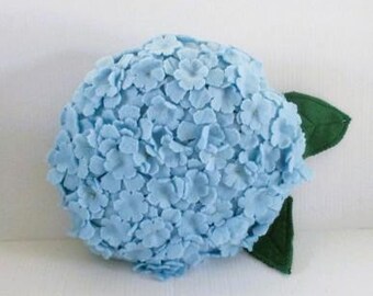 Dusty Blue Fleece Hydrangea Pillow, Hand Embroidered Floral Accent