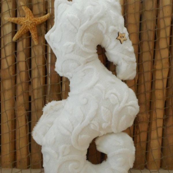 White seahorse pillow, nautical baby, nautical nursery, nautical pillows, seahorse plushie, beach decor, nautical home, minky vine embossed