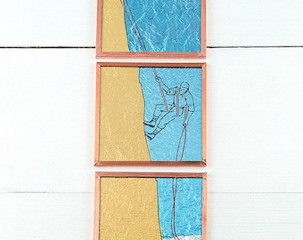 Miniature artwork: "How to Rappel", glass wall decor, vintage sports illustration, how-to instructions, abseiling