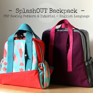 May include: Two backpacks. One is red, teal, and patterned with lobsters. The other is purple and gray with pink straps. The text on top says "- SplashOUT Backpack - PDF Sewing Pattern & Tutorial - English Language."