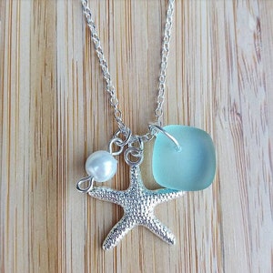 Zeeglasketting | Zilveren zeesterketting | Cadeau bruidsmeisje | Glazen strandsieraden | Seaglass-sieraden | Strandbruiloft, strandglas