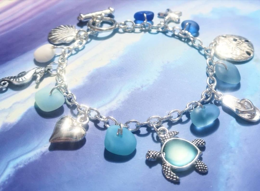 Sea Glass Charm Bracelet Ocean Theme Bracelet Sea Life Bracelet Beach
