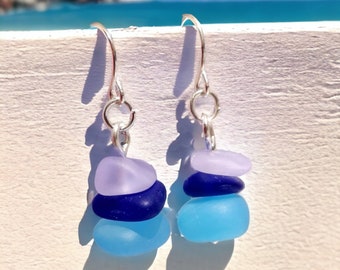 Sea Glass Baumeln Ohrringe | Sterling Silber | Lila, Aqua & Kobalt | Seeglas Schmuck | Strandglas | Etwas Blaues | Natürlicher Schmuck