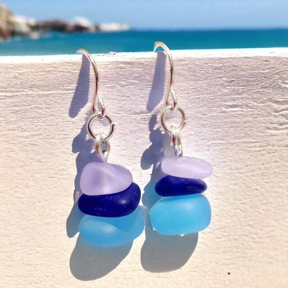 Sea Glass Dangle Earrings | Sterling Silver | Purple, Aqua & Cobalt | Sea Glass Jewelry | Beach Glass | Something Blue | Natural Jewellery