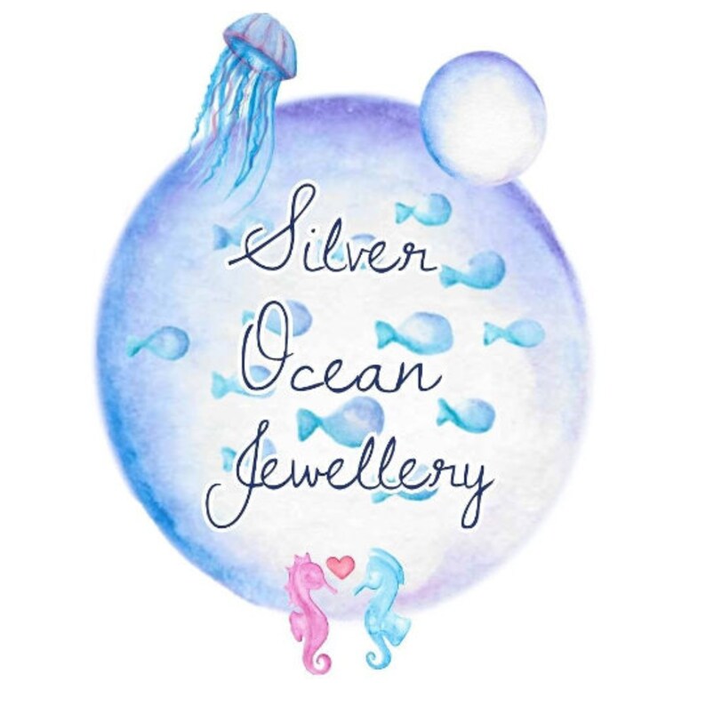 May include: A watercolor illustration of a blue bubble with the text "Silver Ocean Jewellery" inside. The bubble is surrounded by blue fish and a jellyfish. Two seahorses are at the bottom of the image, one pink and one blue.