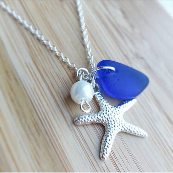 Blue Sea Glass Necklace Silver Starfish Jewellery | Etsy