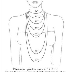 Pode incluir: Um desenho de linha de um torso feminino com uma s&eacute;rie de colares de diferentes comprimentos, etiquetados com medidas em polegadas: 14", 16", 18", 20", 24", 30" e 33". O texto "Por favor, espere alguma varia&ccedil;&atilde;o dependendo da sua altura e do tamanho do vestido." est&aacute; abaixo da imagem.