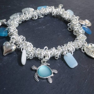 Sea Glass Bracelet | Sea Glass Jewelry | Silver Shell Sandollar Turtle Heart Thongs | Beach Lovers Gift | Sea Glass Jewellery | Ocean