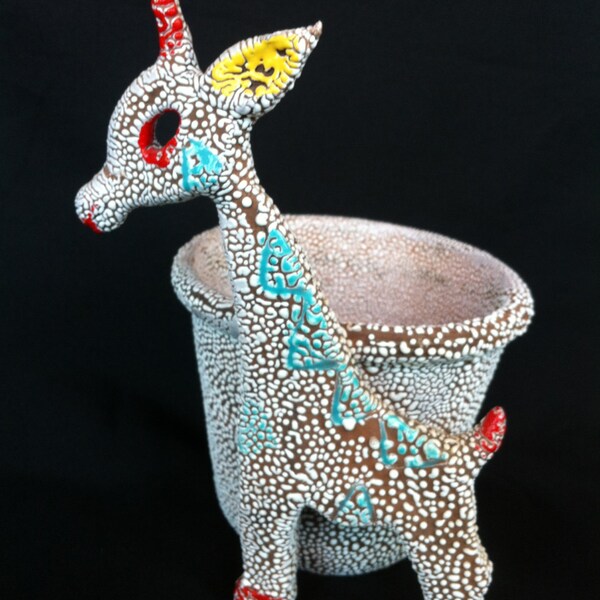 A Small Clay Pot/Planter With A Giraffe Design Made In Italy