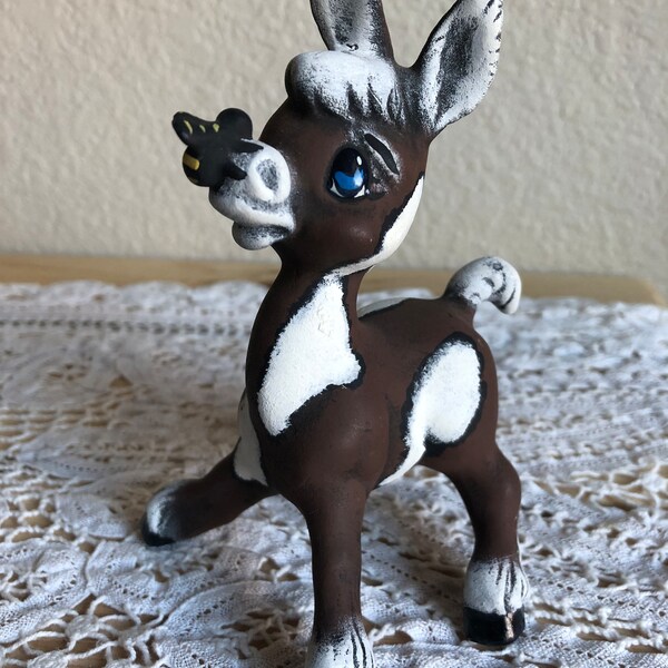 A Two Tone Ceramic Donkey Figurine With A Bee On His Nose/Folk Art Look/See Description