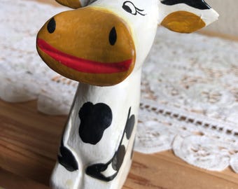A Chippy/Folk Art Style Painted Lightweight Wood Shelf Sitter In The Shape Of A Cow See Description