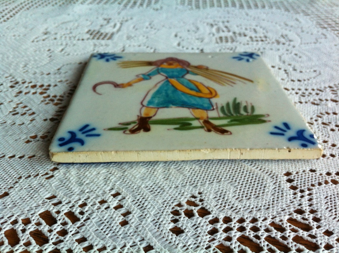 A Folk Art Style Painted Decorative Tile With the Scene of A Etsy