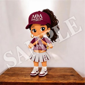 May include: A cartoon character illustration featuring a person with dark brown hair in a ponytail, wearing a maroon baseball cap with the text Lambda Theta Alpha 1975, a matching maroon crop top with the same text, and a white pleated skirt with the Greek letters.