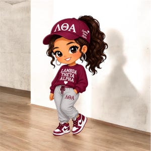 May include: A cartoon illustration of a character wearing a maroon baseball cap with the Greek letters ΛΘΑ, a matching maroon sweatshirt with the text LAMBDA THETA ALPHA and a heart, grey sweatpants with ΛΘΑ, and maroon and white sneakers.