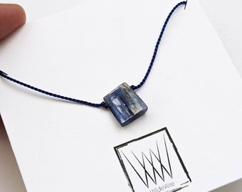 Mini Raw Blue Kyanite Rectangle Silk Necklace Choker