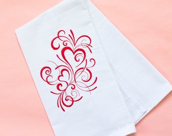 Embroidered Valentine's Heart Swirls in Red Home Kitchen Towel Bathroom Towel Guest Towel Tea Towel Cotton Housewarming Hostess Gift