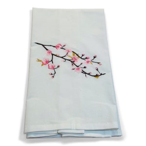 Embroidered Sakura Japanese Blossoms Kitchen Towel Guest Towel Linen Housewarming Hostess Gift