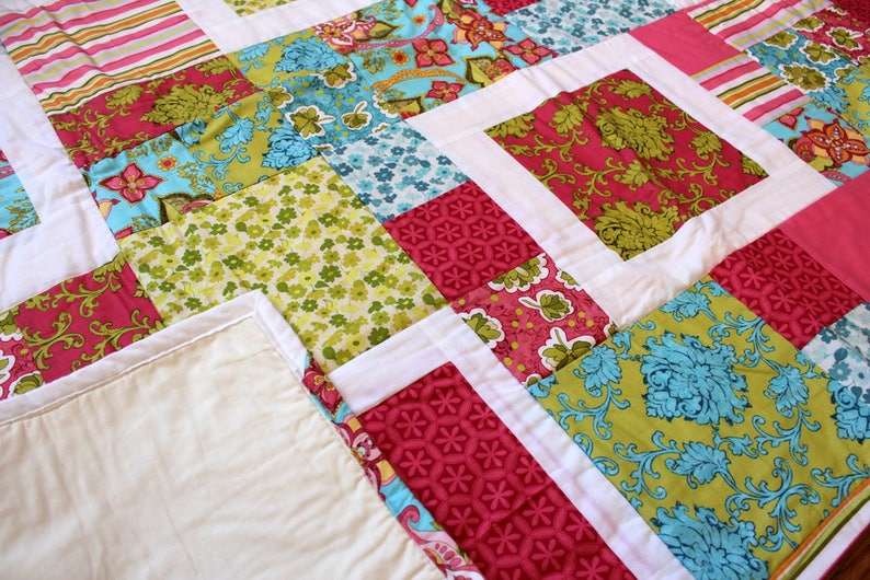 58 x 48 Bright Pink Blue Green Cotton Quilt Twin Throw Blanket for Home Girls Child Room