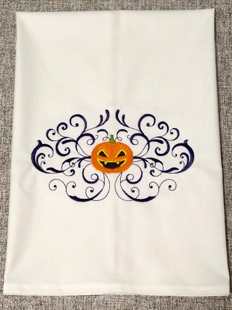 Embroidered Halloween Pumpkin Jack o Lantern Holiday Home Kitchen Towel Bathroom Towel Guest Towel Tea Towel Linen Housewarming Hostess Gift image 1