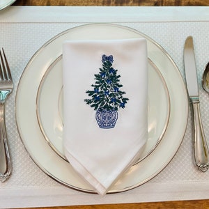 Embroidered Napkin - Chinoiserie Planter with Christmas Tree and Blue Bows - Fine Dining Tabletop Egyptian Cotton