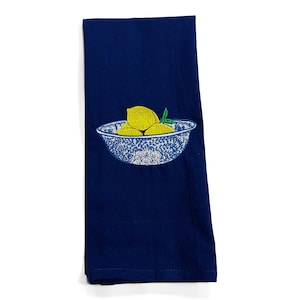 Embroidered Lemons in Chinoiserie Blue Bowl Towel