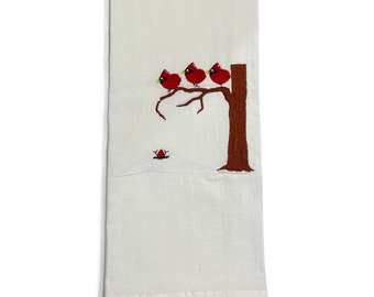 Embroidered Cardinals Falling off Christmas Tree Holiday Home Kitchen Towel Bathroom Towel Tea Towel Cotton Housewarming Hostess Gift