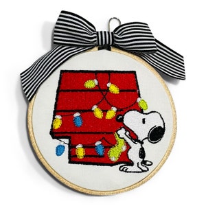 Ornament - Embroidered Snoopy Decorating Doghouse with Lights Classic Christmas Movie Holiday Christmas Keepsake