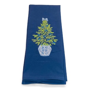 Towel - Chinoiserie Christmas Tree with Blue Bows Embroidered Design Kitchen Bath Home Decor