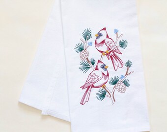 Embroidered Cardinals in Pine Tree Branch Home Kitchen Towel Bathroom Towel Guest Towel Tea Towel Cotton Housewarming Hostess Gift