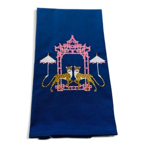 Towel - Chinoiserie Cheetahs with Umbrellas and Pink Pagoda Embroidered Design Kitchen Bath Home Decor