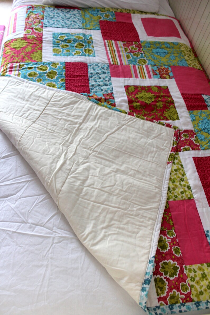 58 x 48 Bright Pink Blue Green Cotton Quilt Twin Throw Blanket for Home Girls Child Room