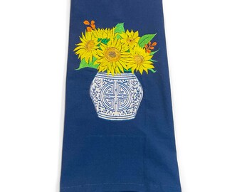 Embroidered Sunflowers in Chinoiserie Planter Home Kitchen Towel Guest Towel Tea Towel Housewarming Hostess Gift