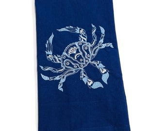 Embroidered Chinoiserie Crab on Navy Kitchen Towel Bathroom Towel Guest Towel Tea Towel Cotton Housewarming Hostess Gift