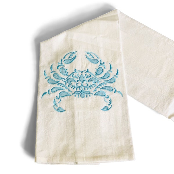 Embroidered Blue Crab Nautical Coastal Ocean Home Kitchen Towel Guest Towel Tea Towel Linen Housewarming Hostess Gift