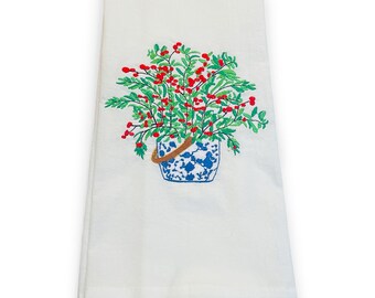 Embroidered Red Berries in Chinoiserie Blue and White Planter Home Kitchen Towel Bathroom Towel Guest Towel Housewarming Hostess Gift