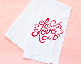 Embroidered Valentine's Love Message in Red Home Kitchen Towel Bathroom Towel Guest Towel Tea Towel Cotton Housewarming Hostess Gift