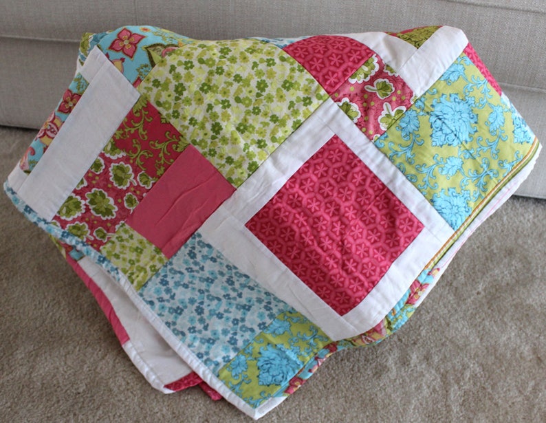 58 x 48 Bright Pink Blue Green Cotton Quilt Twin Throw Blanket for Home Girls Child Room