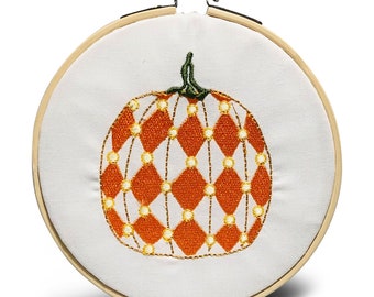 Ornament - Embroidered Harlequin Pumpkin Halloween Fall Decorative Hoop Keepsake Ornament