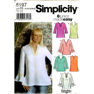 May include: Simplicity sewing pattern 5197 for six tunic styles in sizes R5 14, 16, 18, 20, 22. The package features a white long-sleeved tunic with a V-neck and flared cuffs, alongside illustrations of six variations in pink, green, and orange.